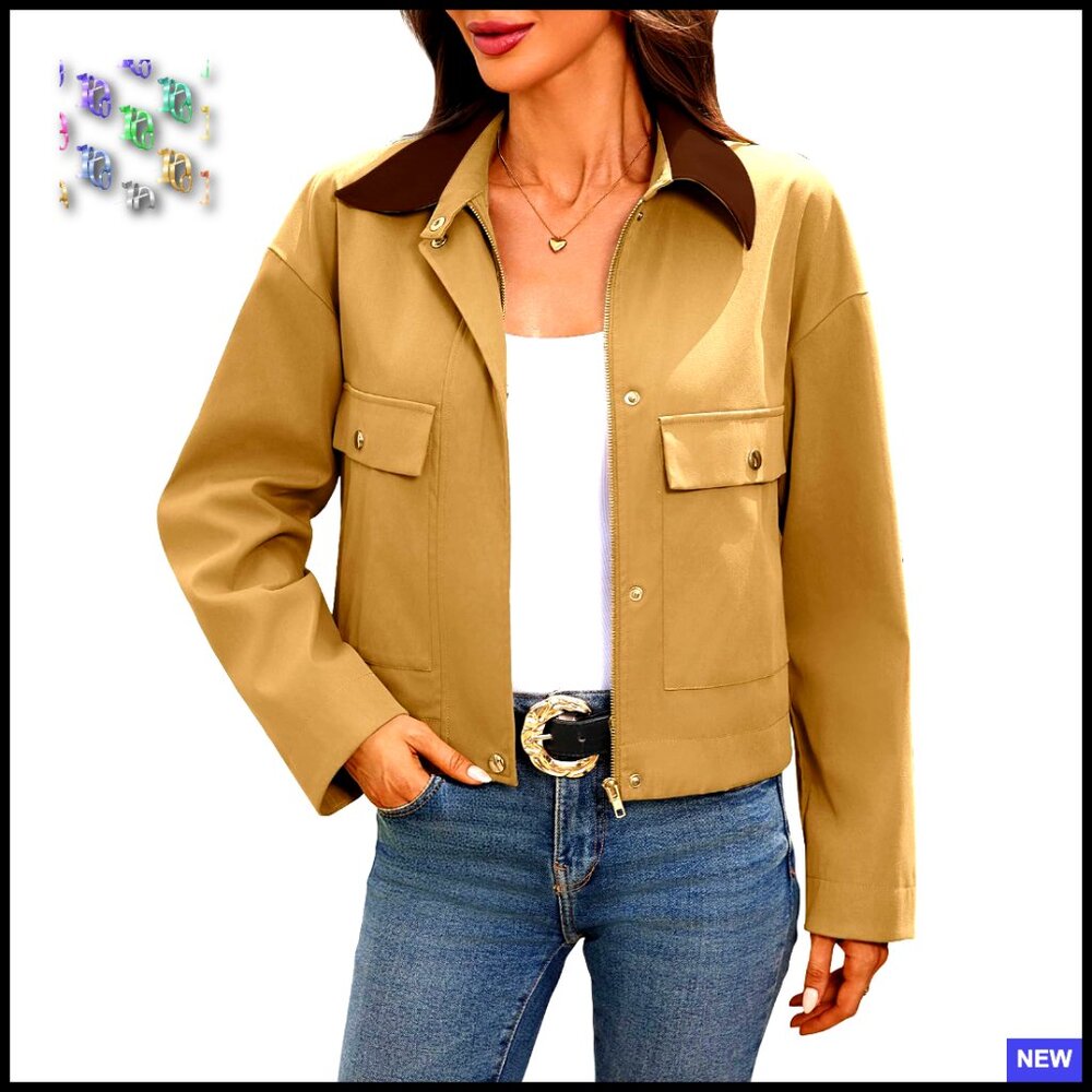Cropped Barn Jacket Oversized Utility Pockets Contrast Collar Zip Up Chic